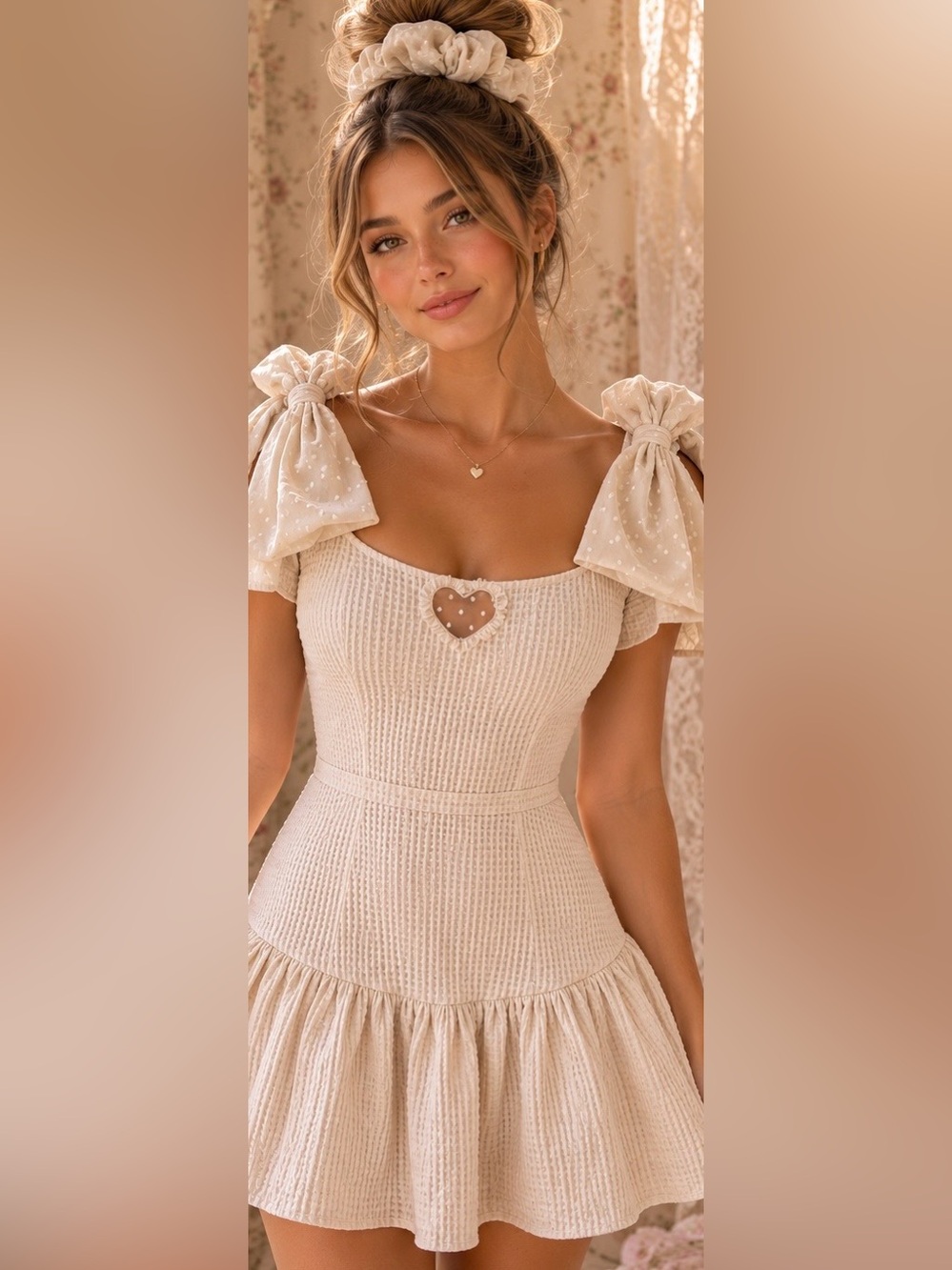 LoveShackFancy Heart Appliqué Double Bow Mini Dress